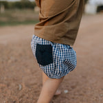 Charlie navy gingham baby bloomers fabric close-up showing quality navy gingham check weave