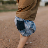 Charlie navy gingham baby bloomers fabric close-up showing quality navy gingham check weave