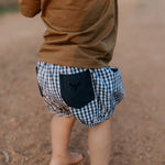 Charlie navy gingham baby bloomers front view showing classic navy check bloomers for baby boys and girls