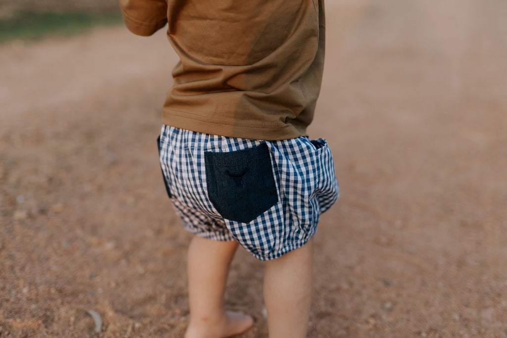 Charlie navy gingham baby bloomers front view showing classic navy check bloomers for baby boys and girls