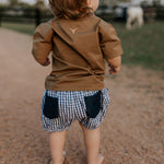 Charlie navy gingham baby bloomers back view showing neat navy check style and comfortable nappy-friendly fit