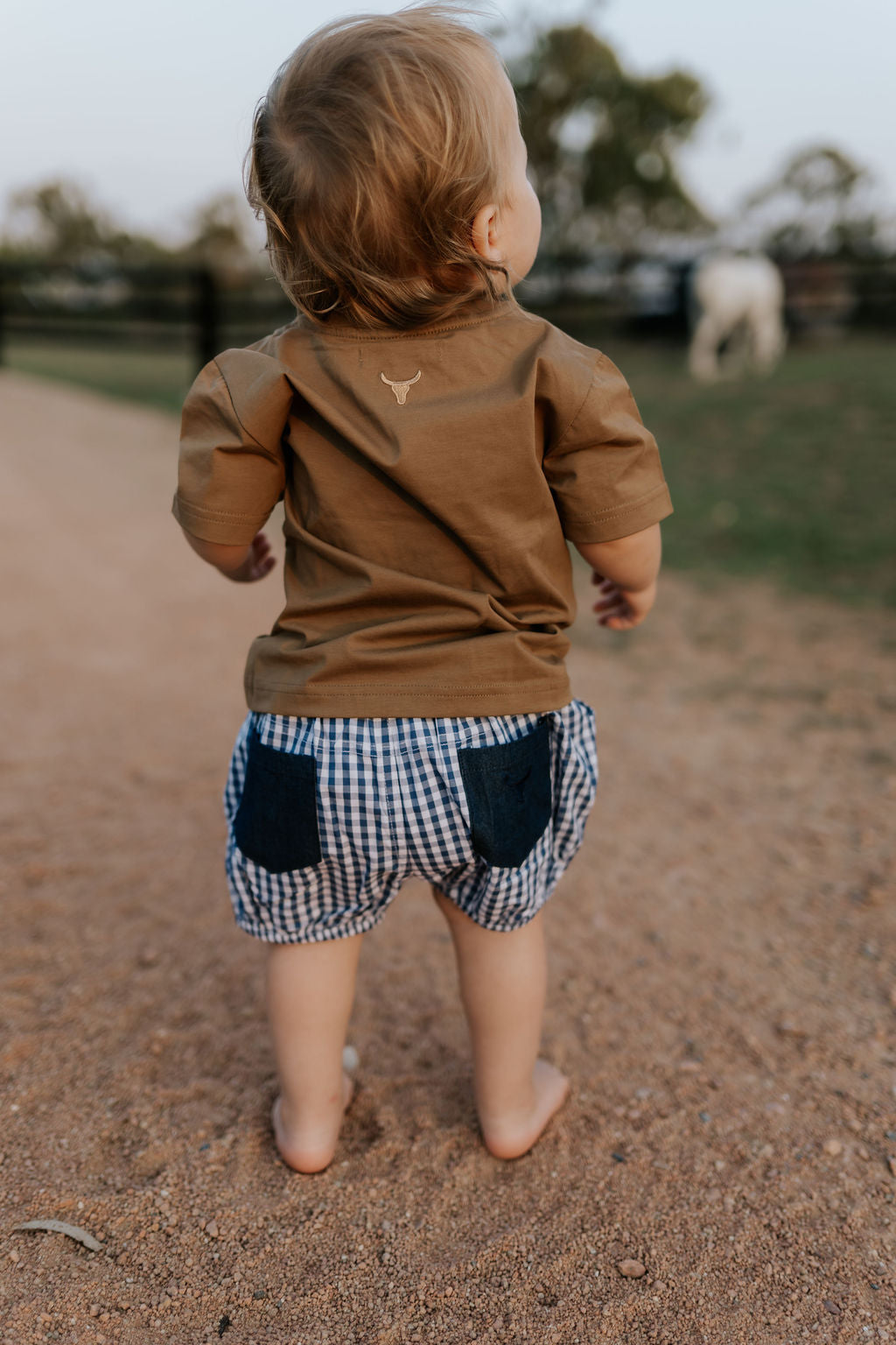 Charlie navy gingham baby bloomers back view showing neat navy check style and comfortable nappy-friendly fit