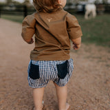 Charlie navy gingham baby bloomers back view showing neat navy check style and comfortable nappy-friendly fit