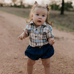 Harley denim baby bloomers waist detail showing elasticated waist and quality denim construction