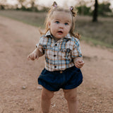 Harley denim baby bloomers waist detail showing elasticated waist and quality denim construction