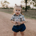 "Dallas" Checked Tan Short Sleeve Romper-Little Windmill Clothing Co