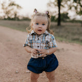 "Dallas" Checked Tan Short Sleeve Romper-Little Windmill Clothing Co