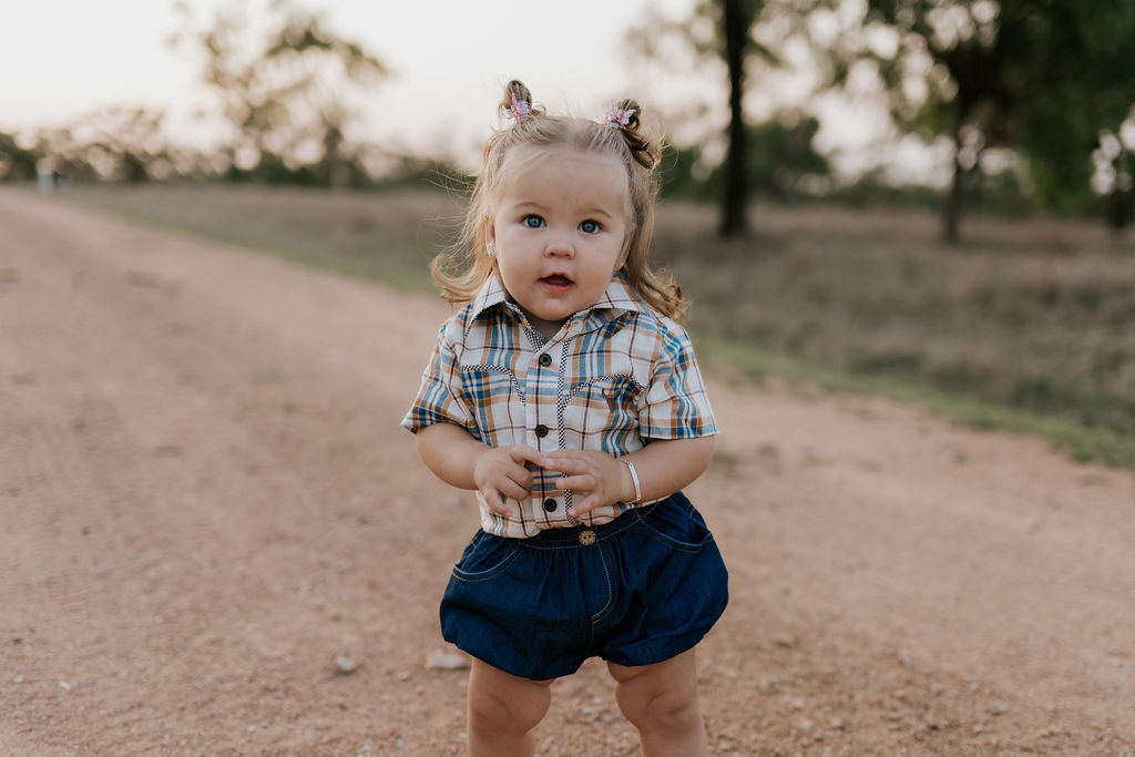 "Dallas" Checked Tan Short Sleeve Romper-Little Windmill Clothing Co