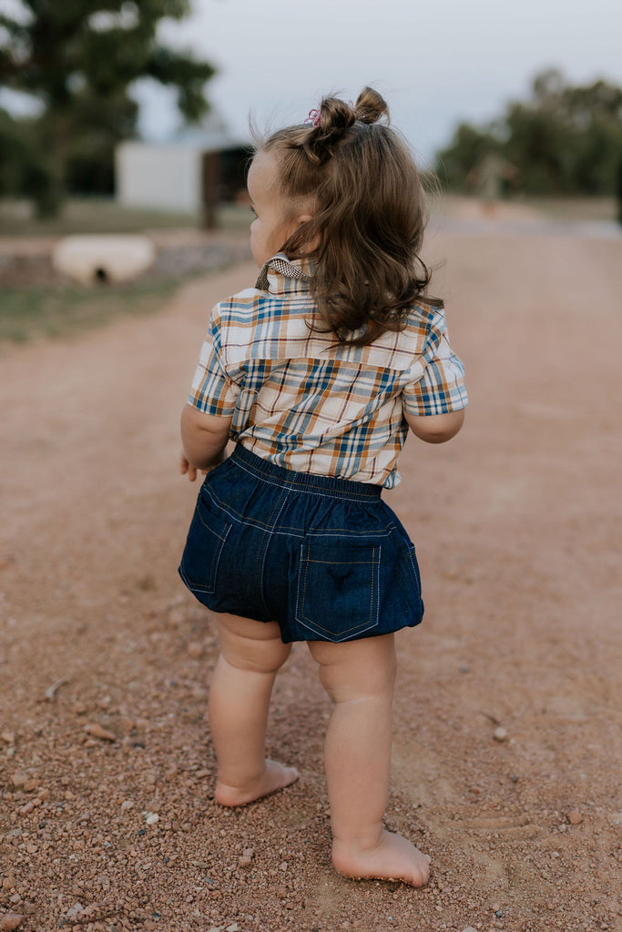 "Dallas" Checked Tan Short Sleeve Romper-Little Windmill Clothing Co
