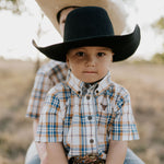 Austin checked tan short sleeve shirt flatlay showing full button-up shirt design in tan check