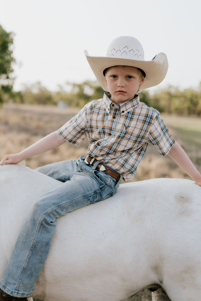 "Austin" Checked Tan Short Sleeve Shirt-Little Windmill Clothing Co
