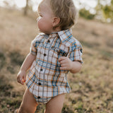 Dallas checked tan short sleeve romper flatlay showing full romper design in classic tan check