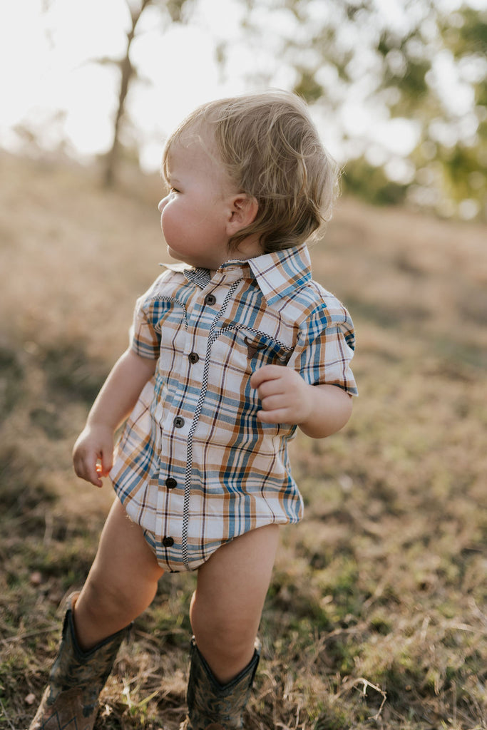 "Dallas" Checked Tan Short Sleeve Romper-Little Windmill Clothing Co