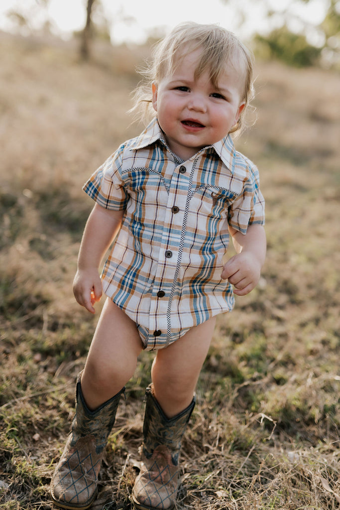 "Dallas" Checked Tan Short Sleeve Romper-Little Windmill Clothing Co