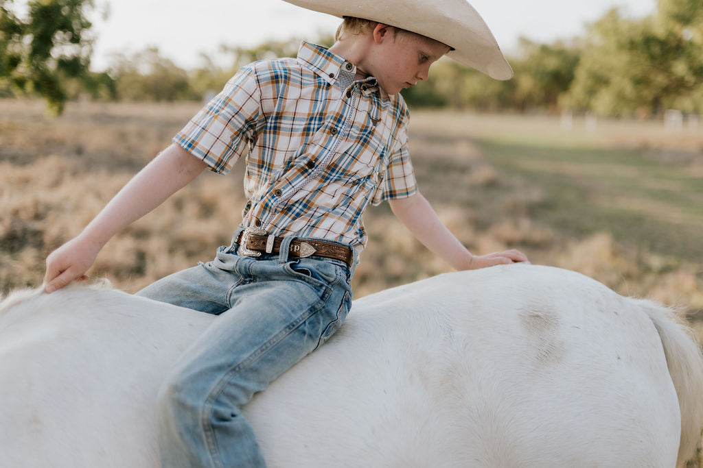 "Austin" Checked Tan Short Sleeve Shirt-Little Windmill Clothing Co