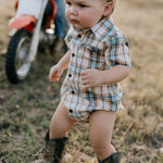 "Dallas" Checked Tan Short Sleeve Romper-Little Windmill Clothing Co
