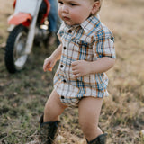 "Dallas" Checked Tan Short Sleeve Romper-Little Windmill Clothing Co