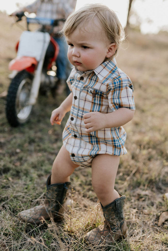 "Dallas" Checked Tan Short Sleeve Romper-Little Windmill Clothing Co