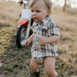 Dallas checked tan short sleeve romper fabric close-up showing quality tan gingham check weave