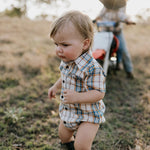 "Dallas" Checked Tan Short Sleeve Romper-Little Windmill Clothing Co