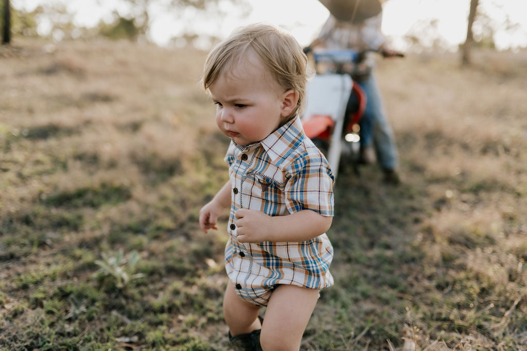 "Dallas" Checked Tan Short Sleeve Romper-Little Windmill Clothing Co