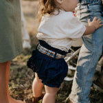 Monica denim baby bloomers with check tie worn by baby showing adorable country style