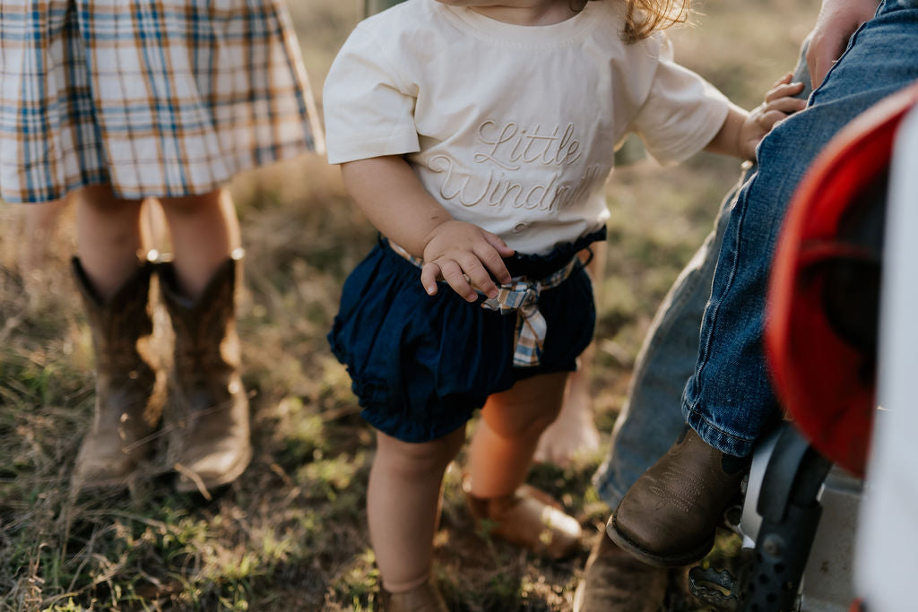 "Monica" Denim Baby Bloomers With Check Tie-Little Windmill Clothing Co