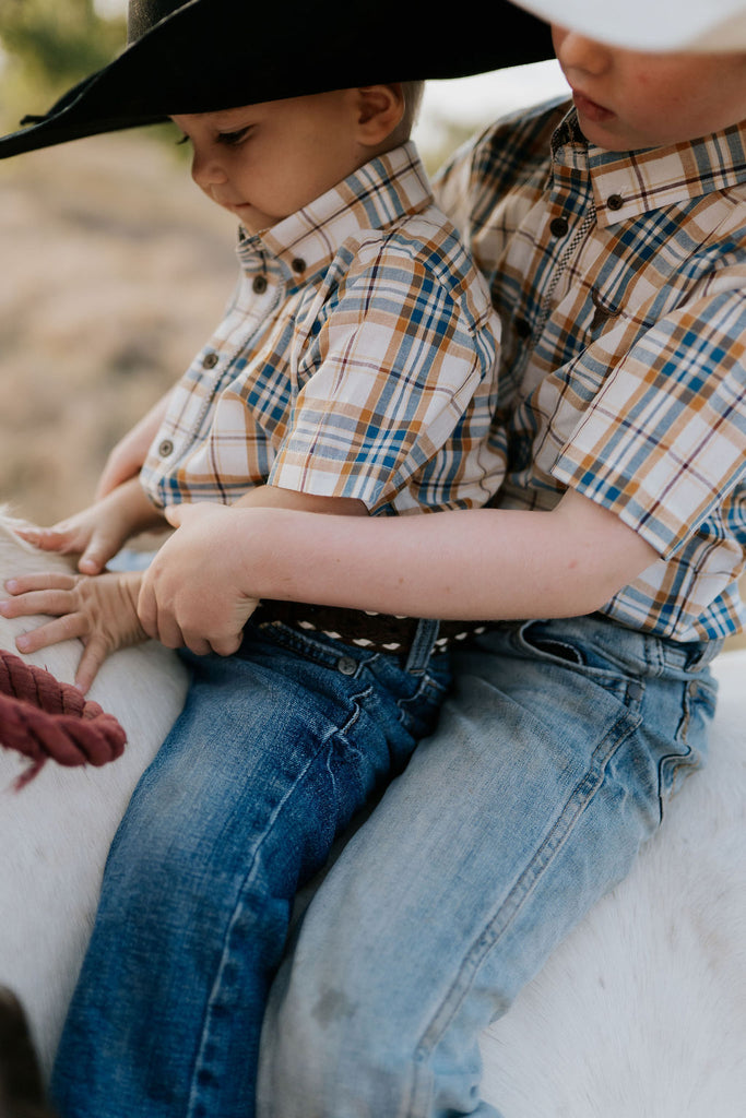 "Austin" Checked Tan Short Sleeve Shirt-Little Windmill Clothing Co