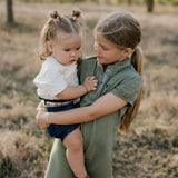 Kathy girls khaki polo dress hem detail showing quality stitching and fabric finish