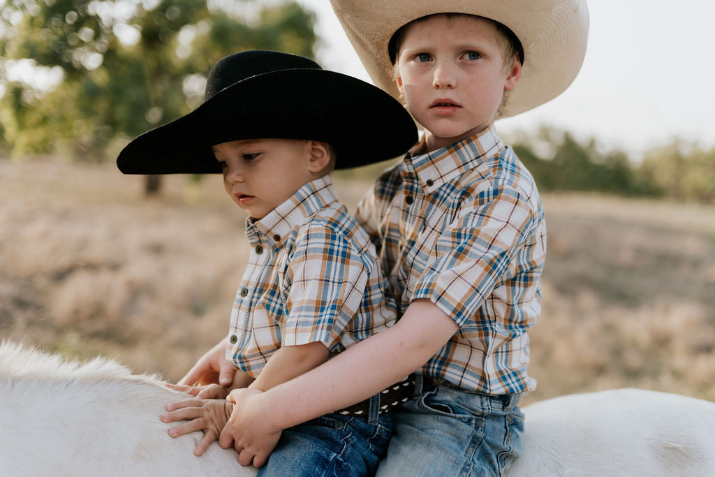"Austin" Checked Tan Short Sleeve Shirt-Little Windmill Clothing Co