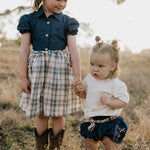 Monica denim baby bloomers with check tie bow detail showing charming gingham check tie
