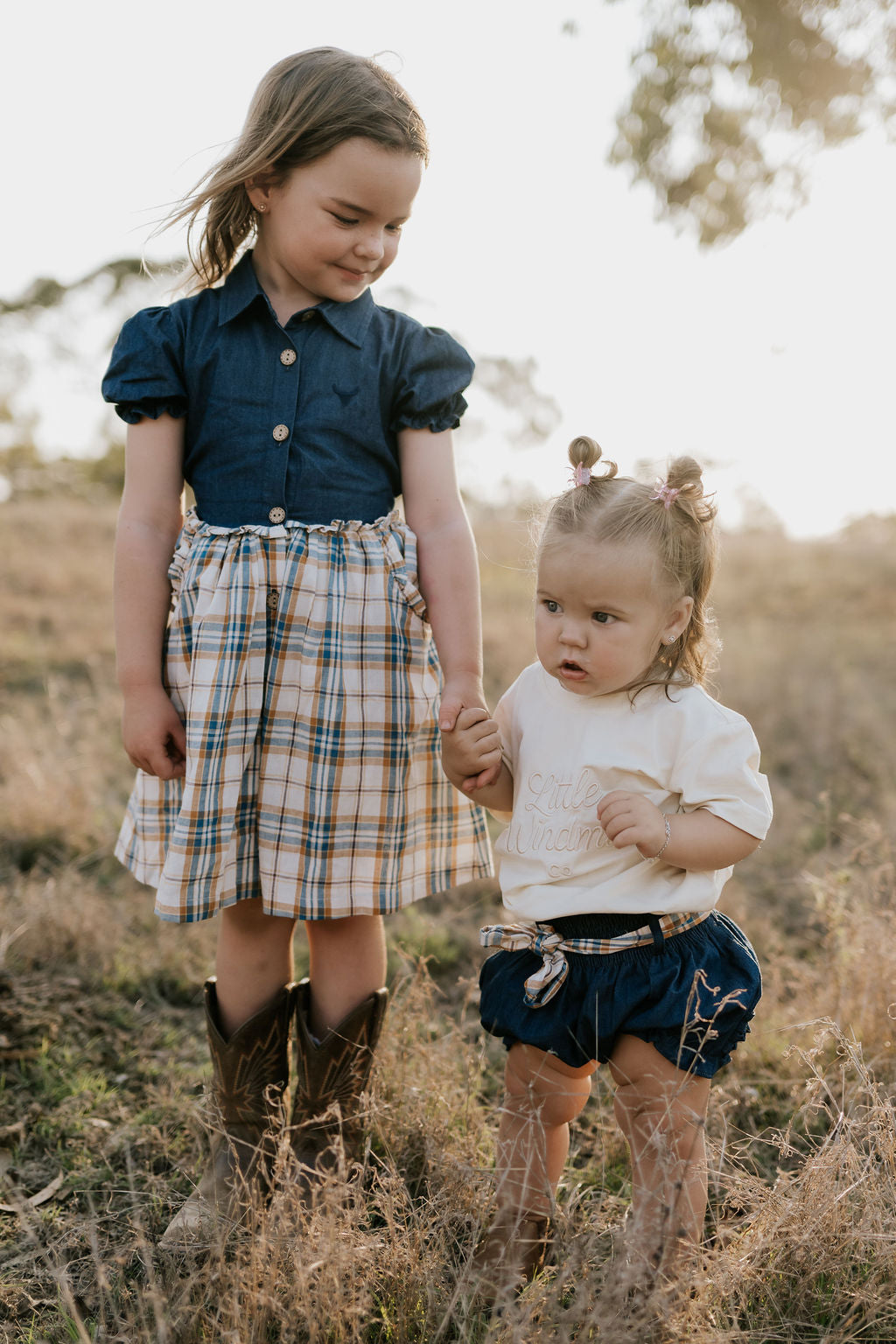 Monica denim baby bloomers with check tie bow detail showing charming gingham check tie