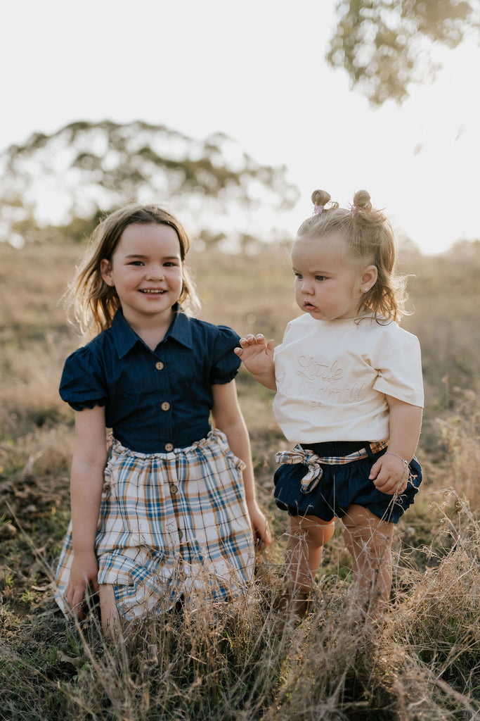 "Monica" Denim Baby Bloomers With Check Tie-Little Windmill Clothing Co