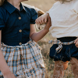 Monica denim baby bloomers with check tie back view showing cute denim style and comfortable fit