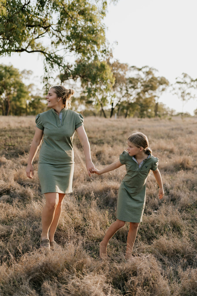 "Kathy" Girls Khaki Polo Dress-Little Windmill Clothing Co