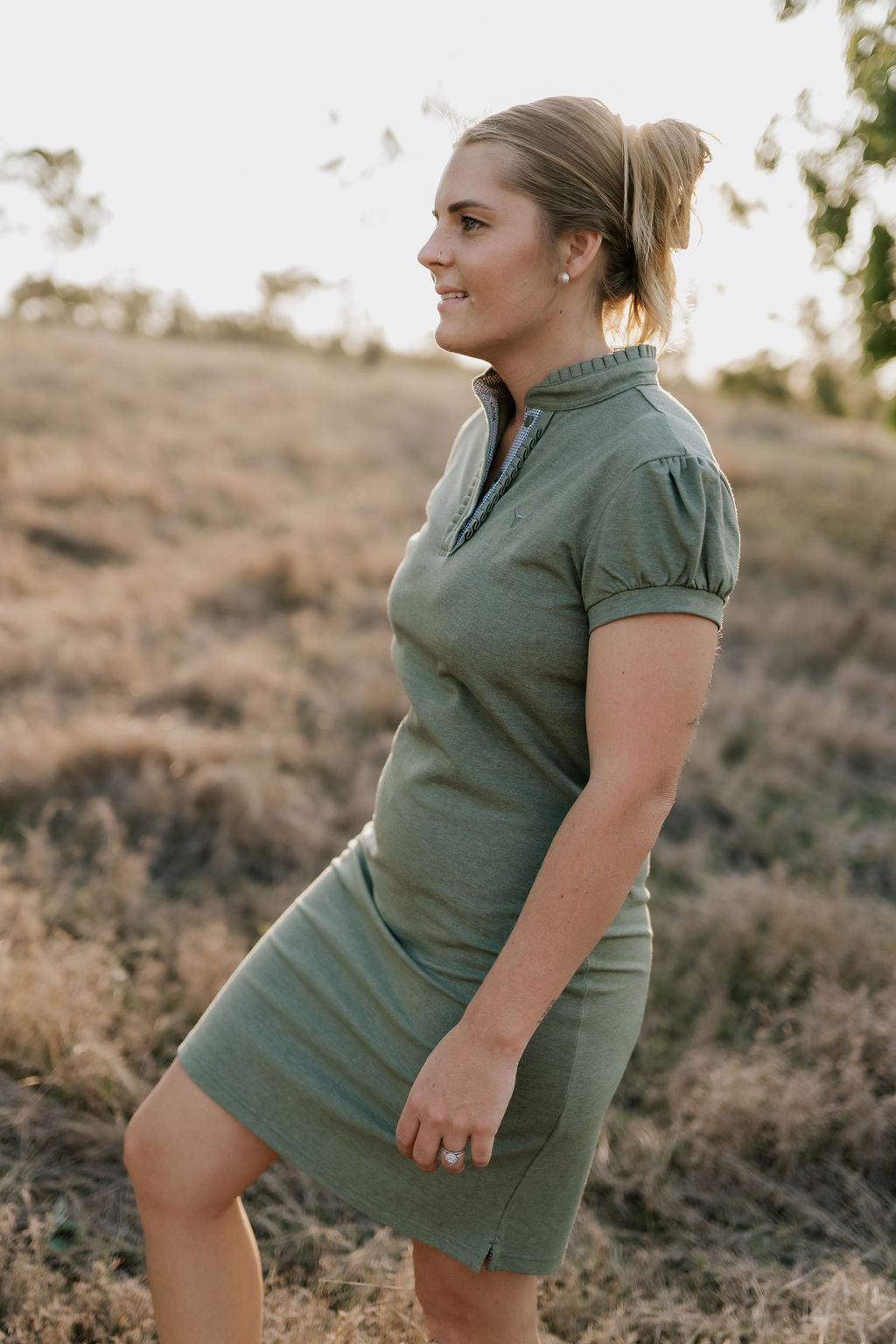 Katherine semi-fitted women's khaki polo dress flatlay showing full dress design in elegant khaki