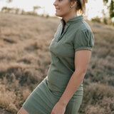 Katherine semi-fitted women's khaki polo dress flatlay showing full dress design in elegant khaki