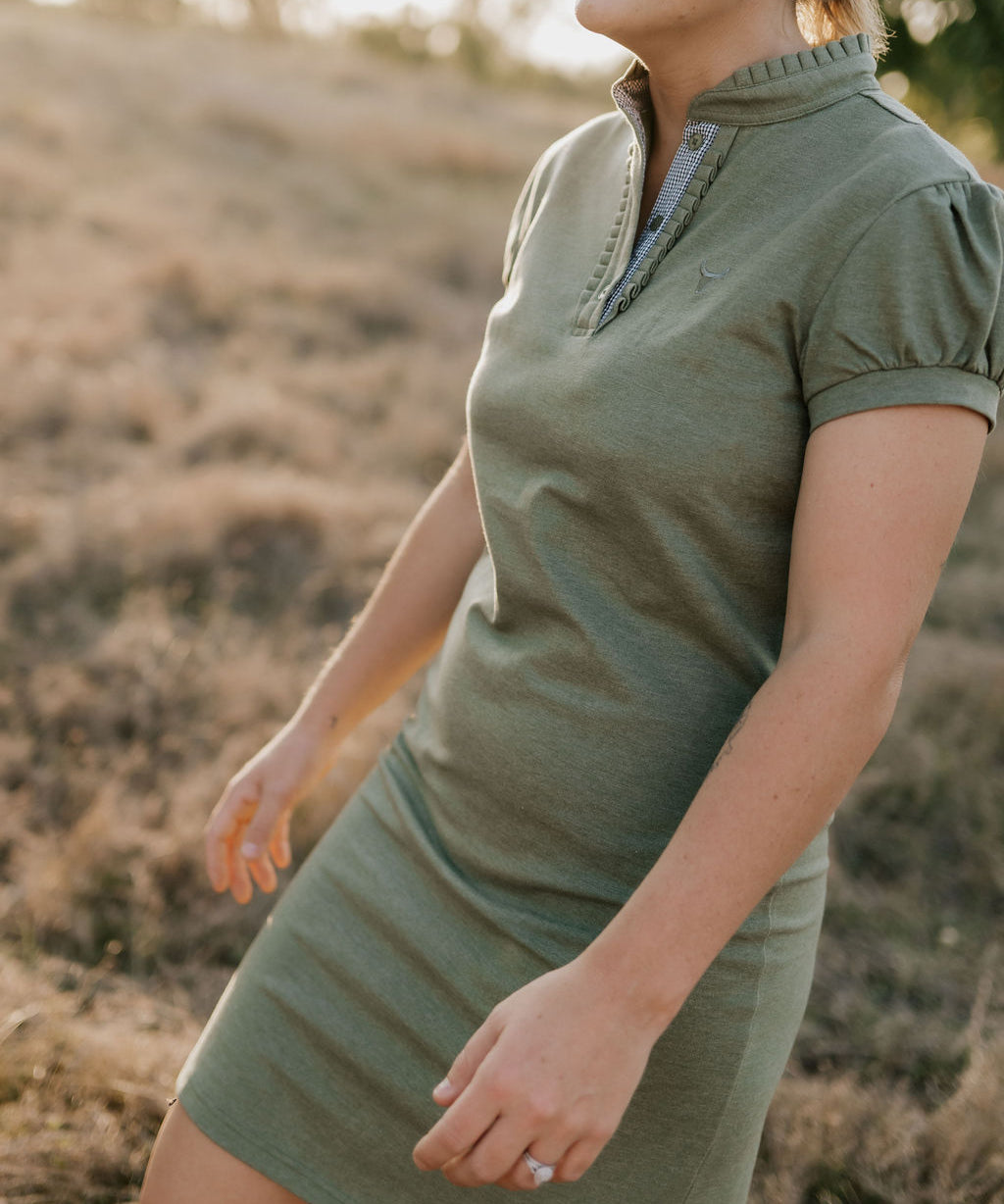 Katherine semi-fitted women's khaki polo dress back view showing semi-fitted silhouette in khaki