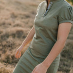 Katherine semi-fitted women's khaki polo dress back view showing semi-fitted silhouette in khaki