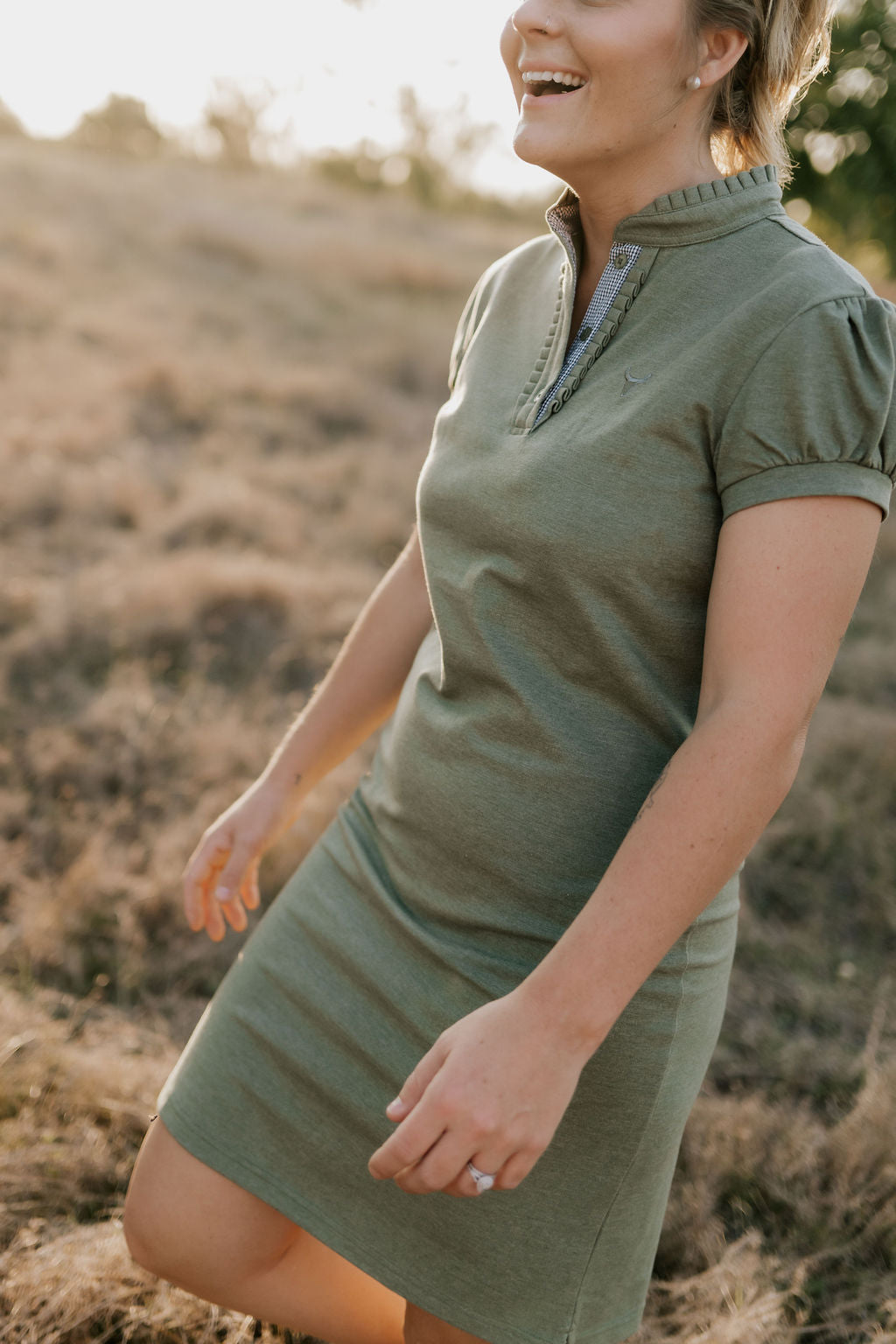 Katherine semi-fitted women's khaki polo dress back view showing semi-fitted silhouette in khaki