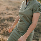 Katherine semi-fitted women's khaki polo dress back view showing semi-fitted silhouette in khaki