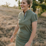 Katherine semi-fitted women's khaki polo dress collar detail showing classic polo neckline in khaki