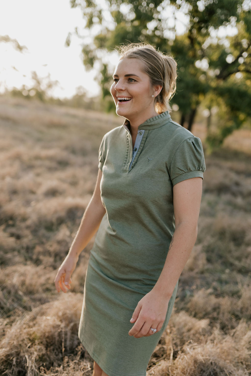 Katherine semi-fitted women's khaki polo dress collar detail showing classic polo neckline in khaki