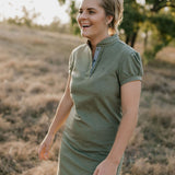 Katherine semi-fitted women's khaki polo dress collar detail showing classic polo neckline in khaki