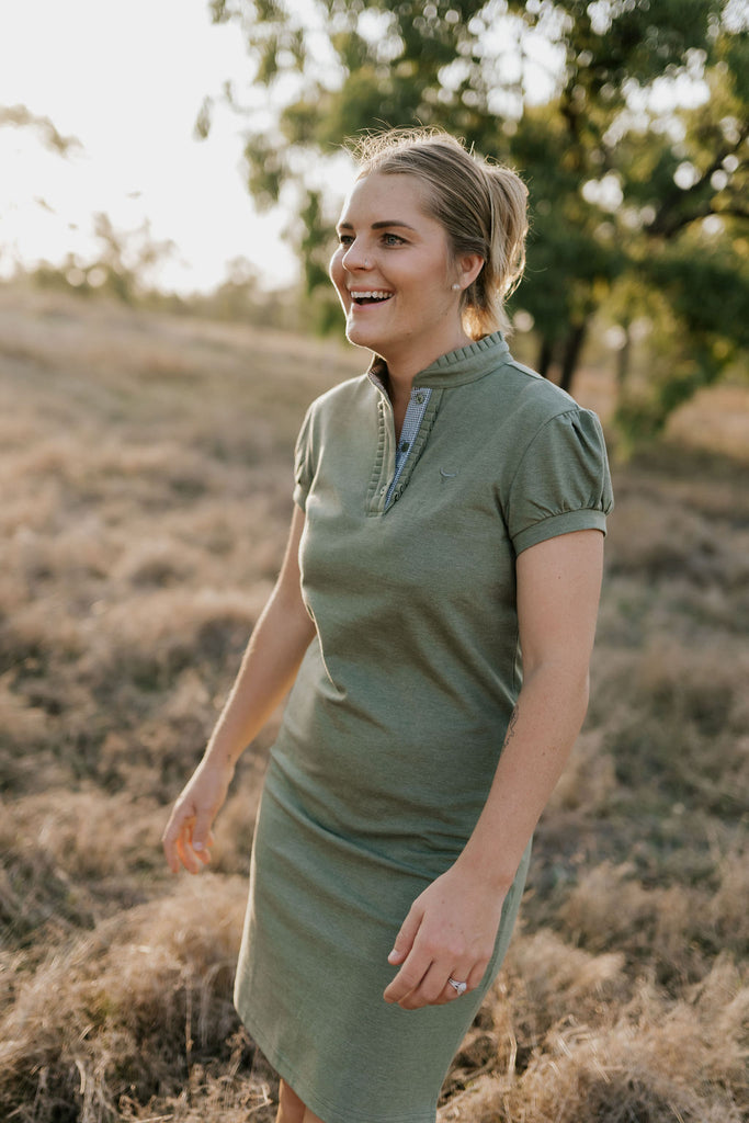 "Katherine" Semi Fitted Women's Khaki Polo Dress-Little Windmill Clothing Co