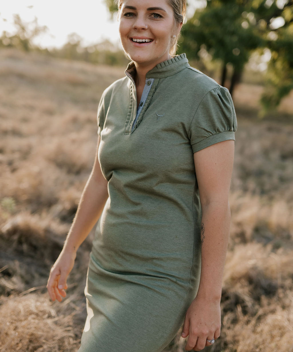 Katherine semi-fitted women's khaki polo dress front view showing elegant khaki polo neck dress