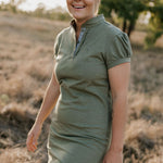 Katherine semi-fitted women's khaki polo dress front view showing elegant khaki polo neck dress