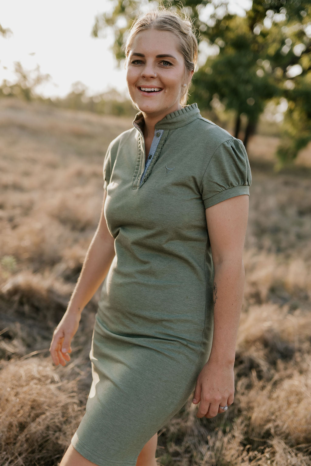 Katherine semi-fitted women's khaki polo dress front view showing elegant khaki polo neck dress