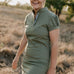 Katherine semi-fitted women's khaki polo dress front view showing elegant khaki polo neck dress