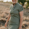 Katherine semi-fitted women's khaki polo dress front view showing elegant khaki polo neck dress